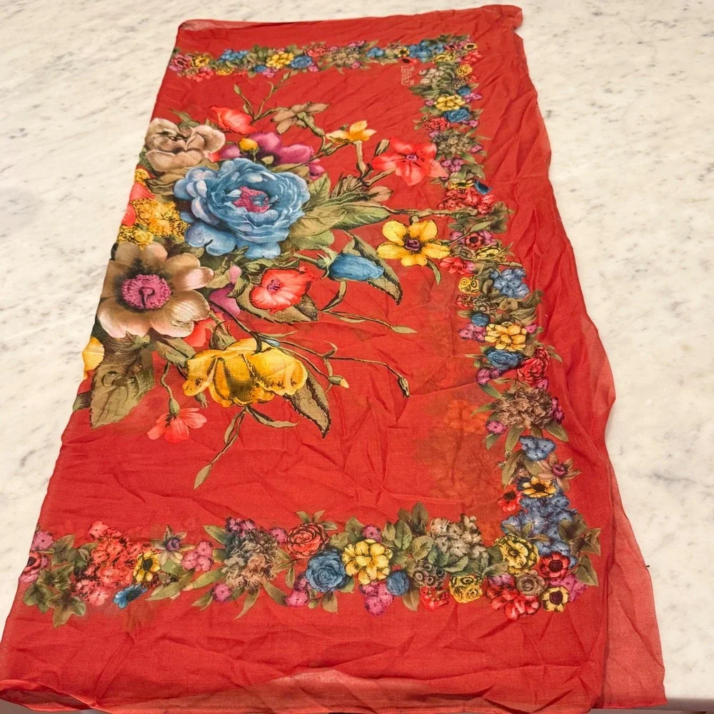 Vintage Red Floral Sheer Scarf Large Rectangular Gauze Flower Print 38x36